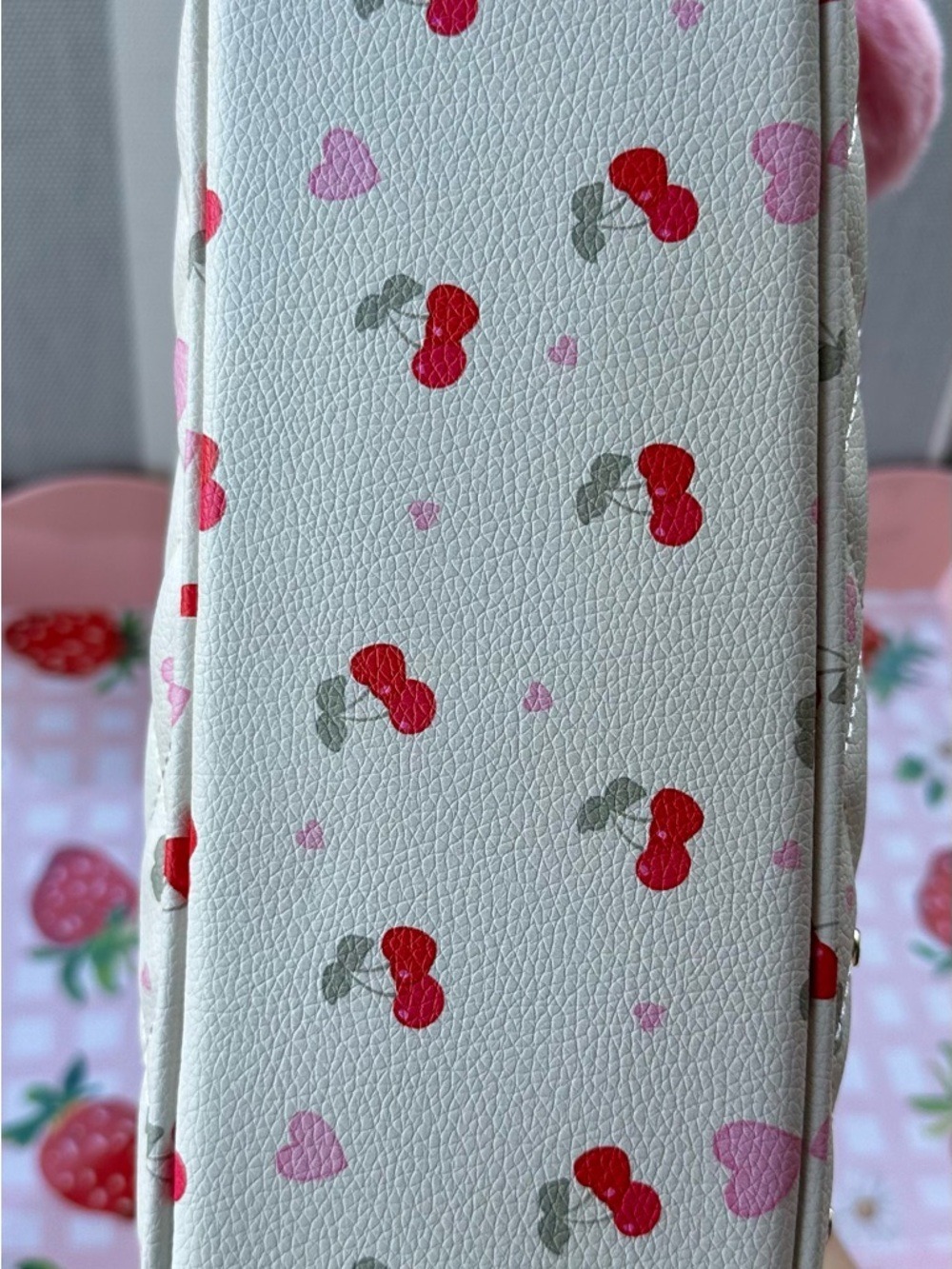 New Under One Sky Cherry Heart Quilted Satchel Purse Coquette Kawaii Pink Pom - Picture 6 of 8